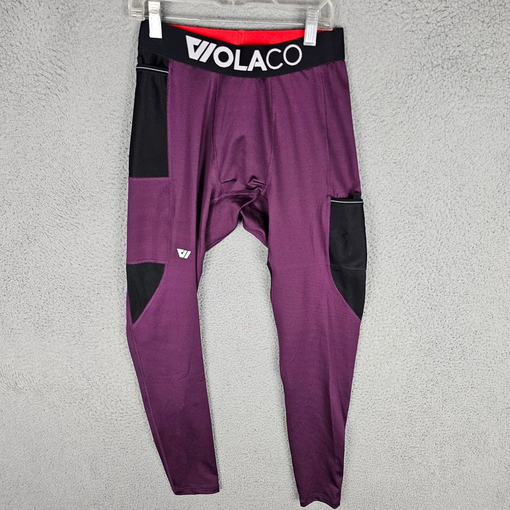 Wolaco Tights Mens M Purple Compression Leggings Mesh Pocket Athletic Workout